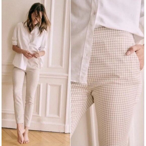 Sezane Clara Houndstooth Cream Beige Trousers •34/ 2•Ankle Length Side Zip Pants